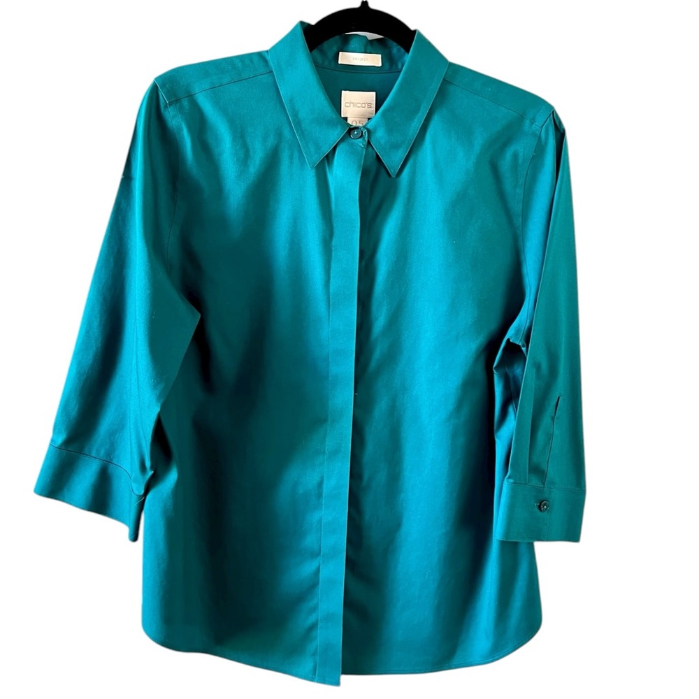 Chicos Teal Green Button Down Shirt
Blouse, 3/4 Sleeve & Collar EUC